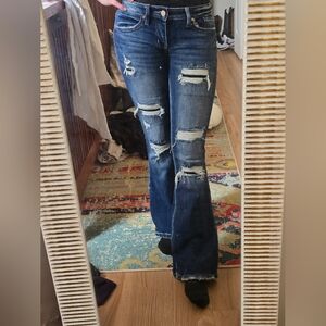 BKE Distressed Dark Blue Flare Jeans
